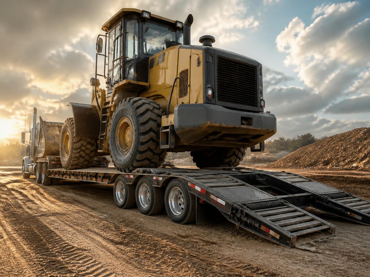 Heavy construction loader being loaded onto a low profile flatbed tow truck