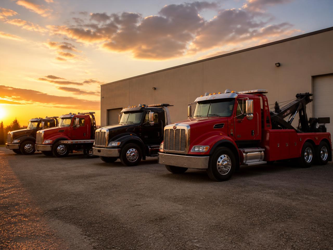 A fleet of heavy duty wrecker and flatbed tow trucks at sunset