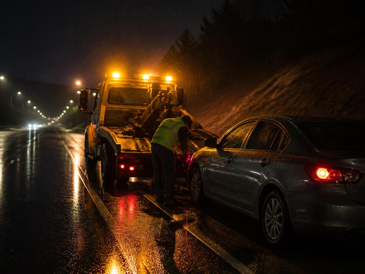 TowXperts tow truck loading a car on a Springfield, Massachusetts roadway