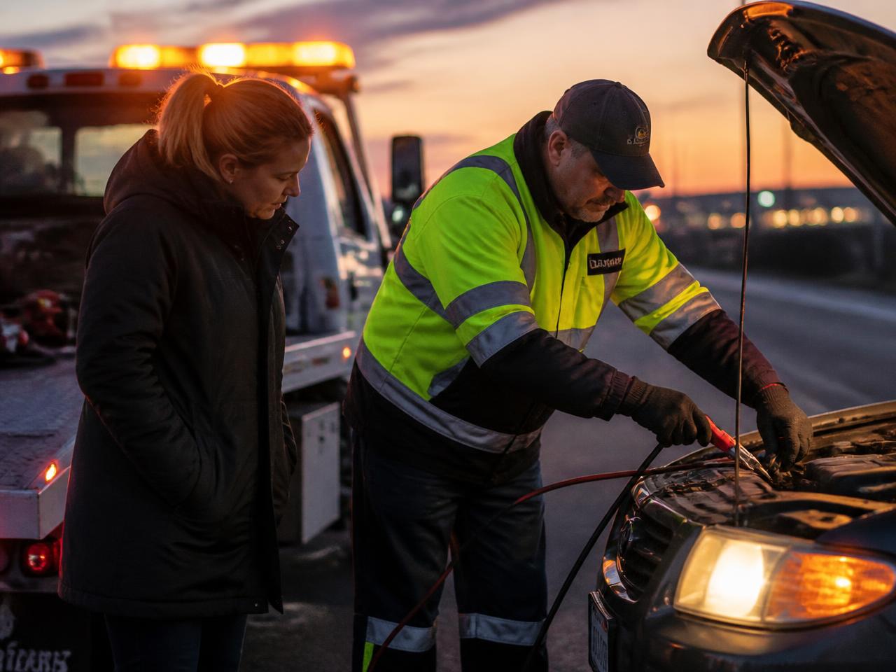 Tow operator jump starting a stranded driver's car at dusk